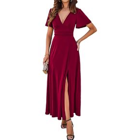 Women's Summer Sexy Deep V Neck Ruffle Short Sleeve High Waist Slit Evening Cocktail Party Long Maxi Dress