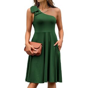 Women's Bow One Shoulder Dresses with Pockets Cocktail Wedding Guest Dress