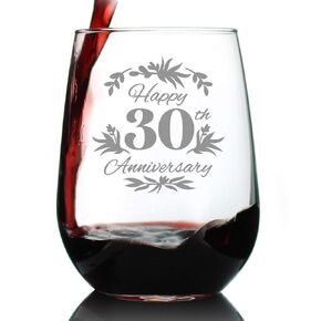 Happy 30th Anniversary - Stemless Wine Glass Gifts for Women & Men - 30 Year Anniversary Party Decor - Large 17 Ounce Glasses