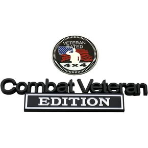 1x Combat Veteran Edition Emblem + 1x Veteran Rated 4X4 Emblem Metal Car Badge for Jeep, Universal Vehicle, Truck, RV, Scooter, SUV, Door Decoration (Black/Red)