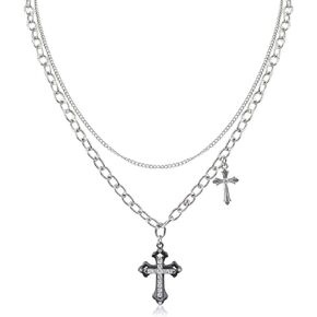 Cross Necklace for Men Stainless Steel Double Cross Pendant Necklace Silver Chain Necklace for Boys Religious Christian Jesus Necklace for Men Chtistmas Jewelry Birthday Gift Classic Cross Necklace