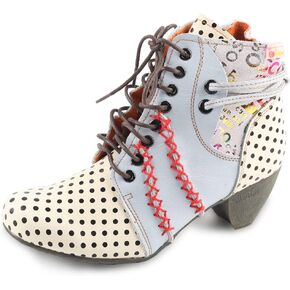 Women's Retro Polka Dot Leather Patchwork Booties Low Heel Lace-up and Zipper Women's Ankle Boots