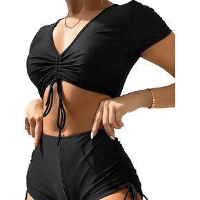MakeMeChic Women's V Neck Short Sleeve Crop Top Sporty Tankini Swimsuit Bathing Suit Tops Drawstring Ruched Bikini Top