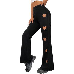 GORGLITTER Women's Cut Out Heart Pattern High Waist Pants Solid Elastic Waisted Flare Leg Pants in Saudi Arabia