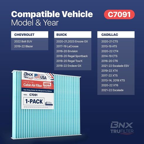 فلتر هواء المقصورة BNX TruFilter C7091، HEPA 99.97%، صنع في الولايات المتحدة الأمريكية، متوافق مع سيارات مختارة من شيفروليه: سيلفرادو، إمبالا، كروز، ماليبو، ترافيرس، جي إم سي: سييرا، يوكون، تيرين، بويك: إنكليف، لاكروس 5 عبوات in Saudi Arabia
