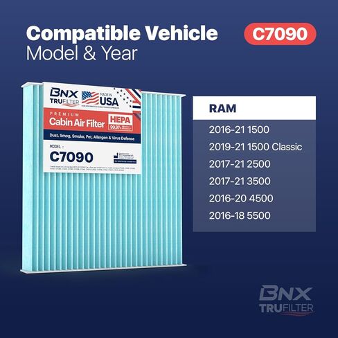 فلتر هواء المقصورة BNX TruFilter C7090، HEPA 99.97%، متوافق مع Select Ram 1500، 1500 Classic، 2500، 3500، 4500،5500 شاحنة، 4 عبوات in Saudi Arabia