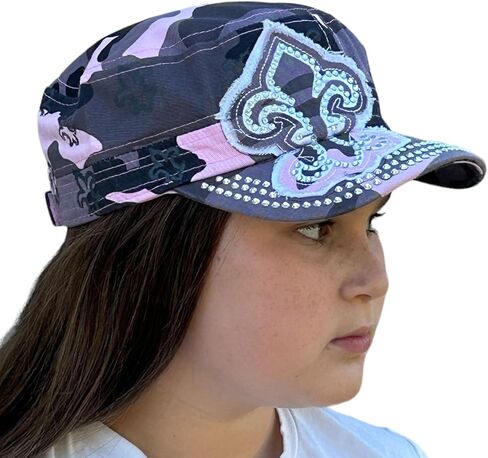 قبعة SILVERFEVER النسائية العسكرية Cadet - رقعة قطنية - مرصعة ومطرزة (وردي مموه، فلور دي ليز) in Kuwait