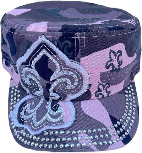 قبعة SILVERFEVER النسائية العسكرية Cadet - رقعة قطنية - مرصعة ومطرزة (وردي مموه، فلور دي ليز) in Kuwait