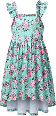 فستان Jxstar للفتيات مُزين بنقشة الزهور بأكمام عالية ومنخفضة للصيف، فساتين شمس متأرجحة متوسطة الطول in Kuwait