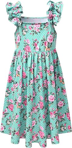 فستان Jxstar للفتيات مُزين بنقشة الزهور بأكمام عالية ومنخفضة للصيف، فساتين شمس متأرجحة متوسطة الطول in Kuwait