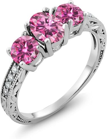 Gem Stone King 925 Sterling Silver 3-Stone Ring Oval Pink Moissanite and Vivid Moissanite Pink (2.02 Cttw) in Saudi Arabia