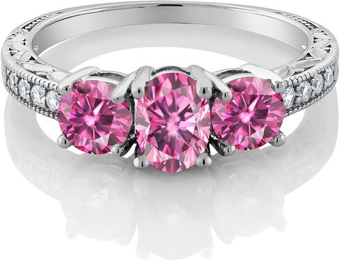 Gem Stone King 925 Sterling Silver 3-Stone Ring Oval Pink Moissanite and Vivid Moissanite Pink (2.02 Cttw) in Saudi Arabia