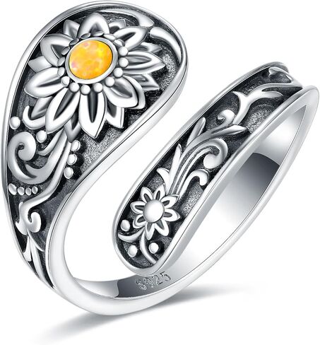 Sterling-Silver Sunflower Spoon Rings - Sunflower Turquoise Opal Adjustable Ring Boho Victorian Vintage Flower Thumb Statement Rings Jewelry Gifts for Women in Kuwait