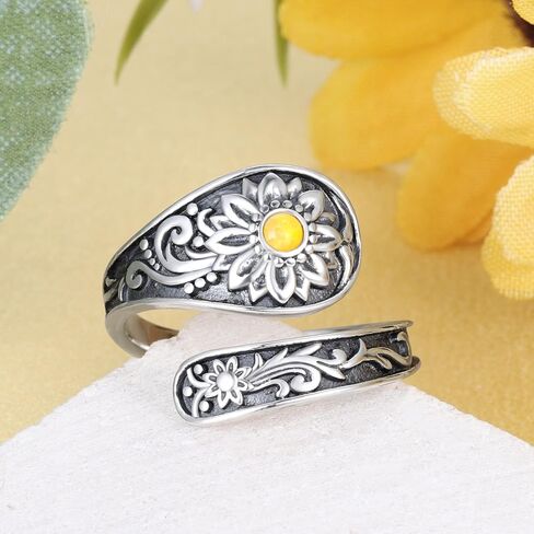 Sterling-Silver Sunflower Spoon Rings - Sunflower Turquoise Opal Adjustable Ring Boho Victorian Vintage Flower Thumb Statement Rings Jewelry Gifts for Women in Kuwait