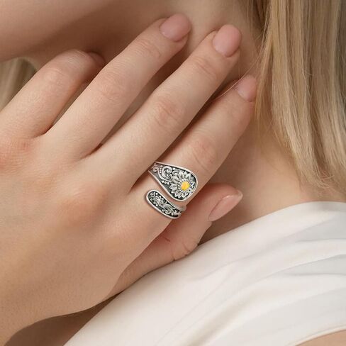 Sterling-Silver Sunflower Spoon Rings - Sunflower Turquoise Opal Adjustable Ring Boho Victorian Vintage Flower Thumb Statement Rings Jewelry Gifts for Women in Kuwait