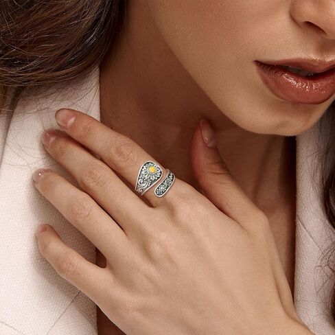 Sterling-Silver Sunflower Spoon Rings - Sunflower Turquoise Opal Adjustable Ring Boho Victorian Vintage Flower Thumb Statement Rings Jewelry Gifts for Women in Kuwait