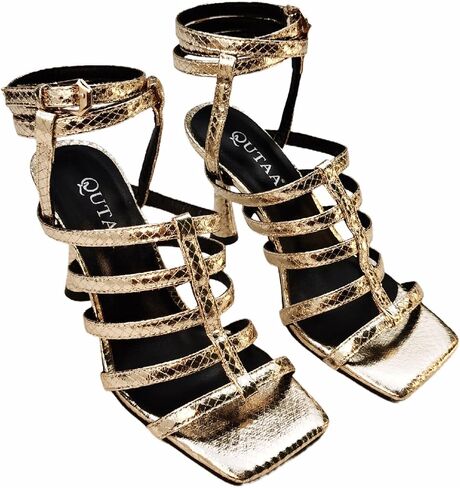 المرأة قفص صندل كعب عالٍ مفتوح اصبع القدم رباط الكاحل Strappy كعب ستيليتو ساحة تو الزفاف العمل فستان الحفلات أحذية الذهب الأسود in Kuwait