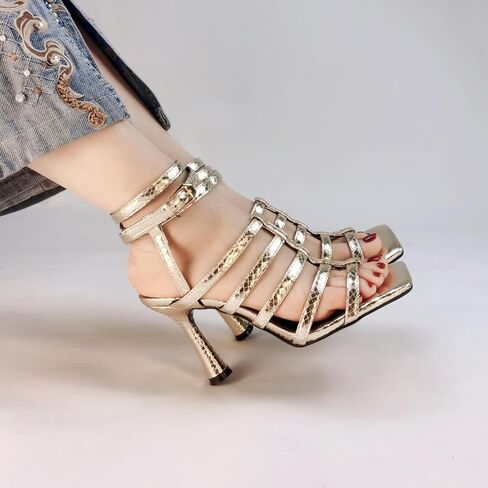 المرأة قفص صندل كعب عالٍ مفتوح اصبع القدم رباط الكاحل Strappy كعب ستيليتو ساحة تو الزفاف العمل فستان الحفلات أحذية الذهب الأسود in Kuwait