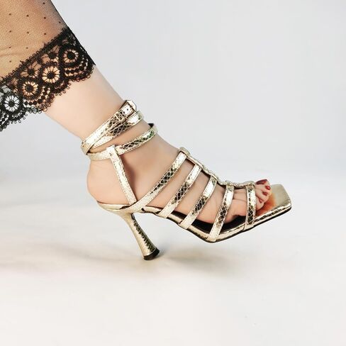 المرأة قفص صندل كعب عالٍ مفتوح اصبع القدم رباط الكاحل Strappy كعب ستيليتو ساحة تو الزفاف العمل فستان الحفلات أحذية الذهب الأسود in Kuwait