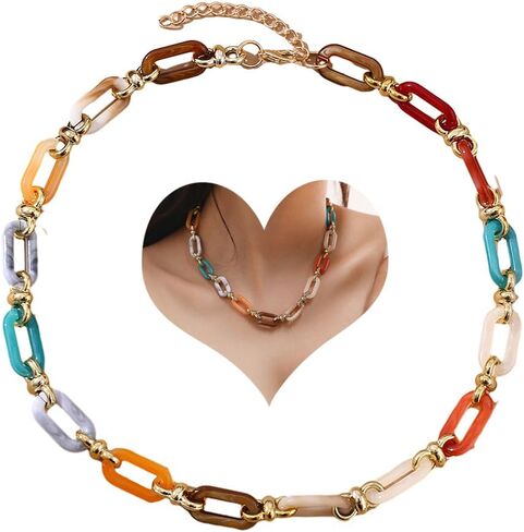 Punk Acrylic Oval Link Neck Chain Chunky Cuban Choker Necklace Metal Resin Link Collar Statement Necklace Accessories for Women and Girls in Kuwait