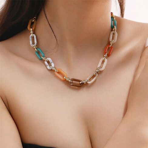 Punk Acrylic Oval Link Neck Chain Chunky Cuban Choker Necklace Metal Resin Link Collar Statement Necklace Accessories for Women and Girls in Kuwait