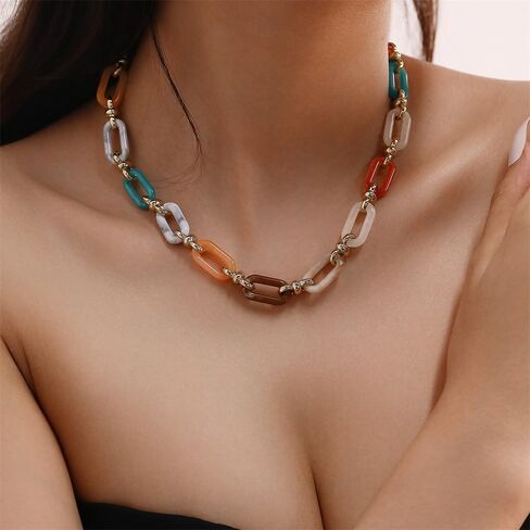Punk Acrylic Oval Link Neck Chain Chunky Cuban Choker Necklace Metal Resin Link Collar Statement Necklace Accessories for Women and Girls in Kuwait