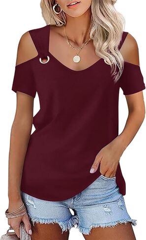 Womens Fashion Cold Shoulder Tops V Neck Red Blouse Tunic Shirts Summer Short Sleeve T Shirts in Kuwait