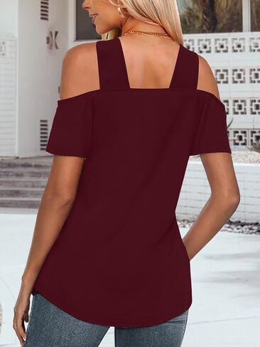 Womens Fashion Cold Shoulder Tops V Neck Red Blouse Tunic Shirts Summer Short Sleeve T Shirts in Kuwait