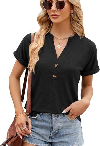 بلايز نسائية كاجوال صيفية بياقة على شكل V وأكمام قصيرة، بلوفر أساسي بأزرار سفلية، توب تونيك in Kuwait
