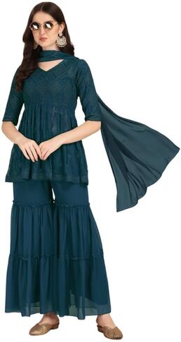 Women Embroidered Sequined Kurta & Sharara With Dupatta in Saudi Arabia
