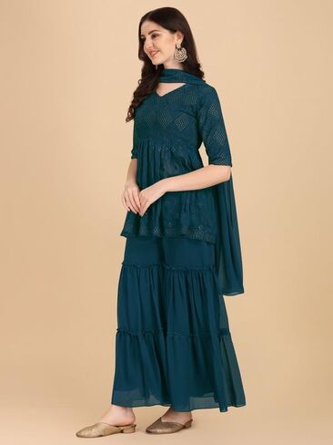 Women Embroidered Sequined Kurta & Sharara With Dupatta in Saudi Arabia