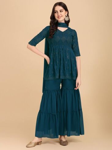Women Embroidered Sequined Kurta & Sharara With Dupatta in Saudi Arabia