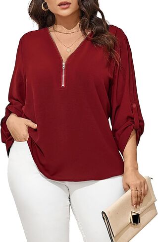Women's Plus Size Tops 3/4 Roll Sleeve Shirts V Neck Half Zip up Tunic Tops in Saudi Arabia