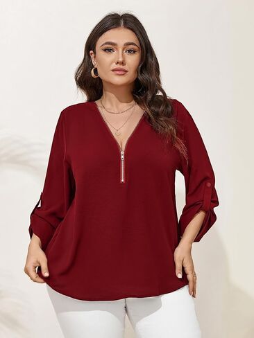 Women's Plus Size Tops 3/4 Roll Sleeve Shirts V Neck Half Zip up Tunic Tops in Saudi Arabia