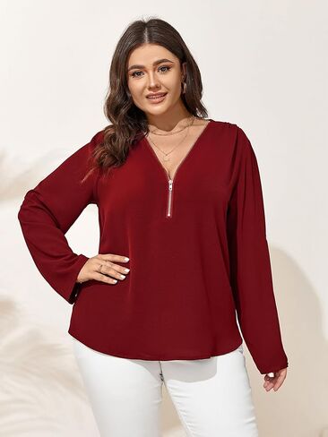Women's Plus Size Tops 3/4 Roll Sleeve Shirts V Neck Half Zip up Tunic Tops in Saudi Arabia