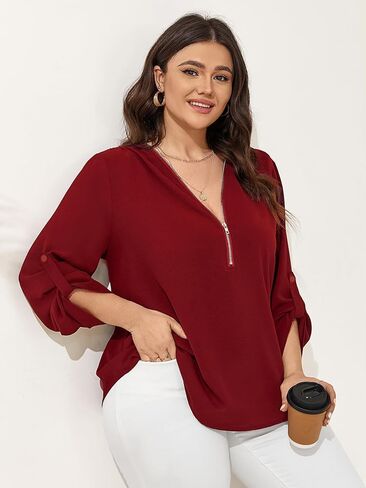 Women's Plus Size Tops 3/4 Roll Sleeve Shirts V Neck Half Zip up Tunic Tops in Saudi Arabia