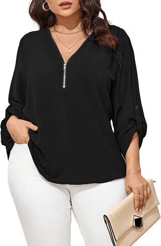 Women's Plus Size Tops 3/4 Roll Sleeve Shirts V Neck Half Zip up Tunic Tops in Saudi Arabia