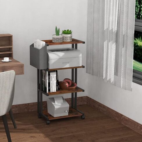 Premium 4-Tier Rolling Printer Stand Cart with Storage Bag Wooden Printer Table Shelf File Organizer Deskside Stand for Home Office Kitchen Bedroom (Brown) in Saudi Arabia