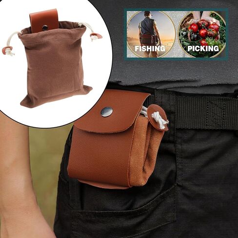 Leather Canvas Paneled Storage Bag Stowable Outdoor Leather Canvas Bag Jungle Foraging Bag Camping Storage Waist Pack Fruit Picking Drawstring Pouch in Saudi Arabia