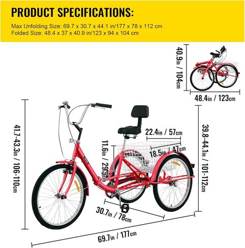Happybuy Foldable Tricycle 24’’ Wheels, 1-Speed Trike, 3 Wheels Colorful Bike with Basket, Portable and Foldable Bicycle for Adults Exercise Shopping Picnic Outdoor Activities in Saudi Arabia