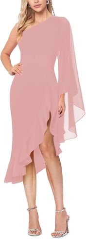 MAYFASEY Women's Sexy One Shoulder Dress Cape Sleeve Ruffle Hem High Split Bodycon Formal Cocktail Party Evening Dress in Saudi Arabia