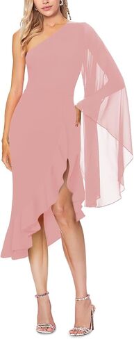 MAYFASEY Women's Sexy One Shoulder Dress Cape Sleeve Ruffle Hem High Split Bodycon Formal Cocktail Party Evening Dress in Saudi Arabia