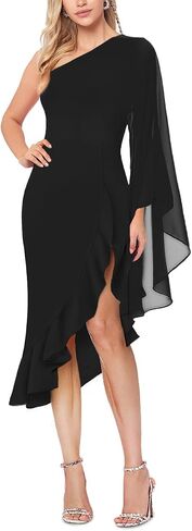 MAYFASEY Women's Sexy One Shoulder Dress Cape Sleeve Ruffle Hem High Split Bodycon Formal Cocktail Party Evening Dress in Saudi Arabia