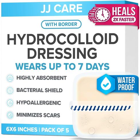 JJ CARE Hydrocolloid Dressing 6x6 [Pack 5], 1.2MM Thick Large Hydrocolloid Bandages with Border, Self-Adhesive Thin Hydrocolloid Wound Dressing, Wound Care Bandages for Bedsores and Blisters in Saudi Arabia