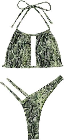 WDIRARA Women's Snakeskin Animal Print String Bikini Set Sexy Cut Out 2 Piece Halter Swimsuit Thong Bathing Suit in Saudi Arabia