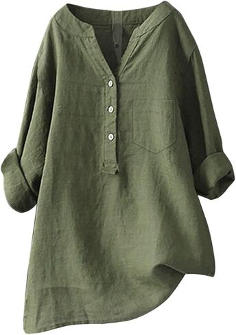 Linen Shirt for Women Breathable Tops Loose Crewneck Button Down Daily Oversized t Shirts Summer Casual Dressy Blouse in Saudi Arabia