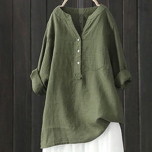 Linen Shirt for Women Breathable Tops Loose Crewneck Button Down Daily Oversized t Shirts Summer Casual Dressy Blouse in Saudi Arabia