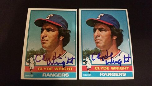 Clyde Wright Rangers 1976 Topps #559 Angels Signed Authentic Autograph FB15 - Autographed Baseball Cards in Saudi Arabia