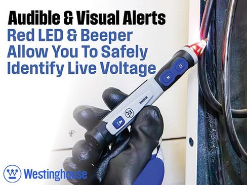 Westinghouse Dual Range Non-Contact Voltage Detector, 12V-1000V AC Pen, Flashlight and Worklight, IP67 Dust & Waterproof; Audible and Flashing Led Alarms, Pocket Clip, CAT IV Rating; 2-Year Warranty in Kuwait