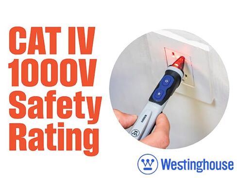 Westinghouse Dual Range Non-Contact Voltage Detector, 12V-1000V AC Pen, Flashlight and Worklight, IP67 Dust & Waterproof; Audible and Flashing Led Alarms, Pocket Clip, CAT IV Rating; 2-Year Warranty in Kuwait